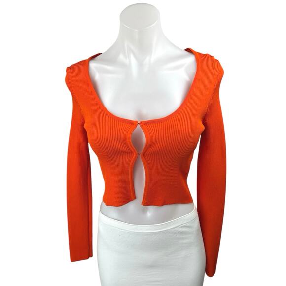 Zara Orange Ribbed Knit Long Sleeve Cut Out Cardian Cardigan Crop Top Size S - Picture 1 of 4